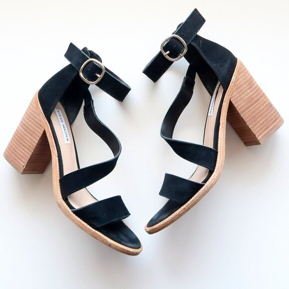 Steve Madden Collins Black Suede Leather Strappy Block Heel